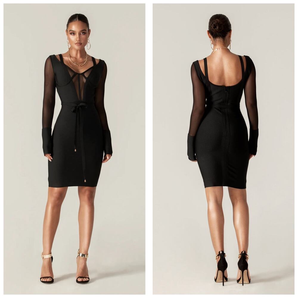 Alieva Roxane Mesh Bandage Belted Dress Black Size Medium Bodycon Cocktail NWT